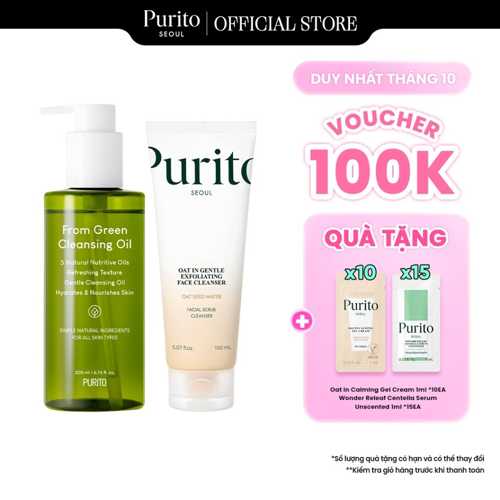 [PURITO Double Cleanse Duo] From Green Cleansing Oil 200ml + Oat In Gentle Exfoliating Face Cleanser 150ml