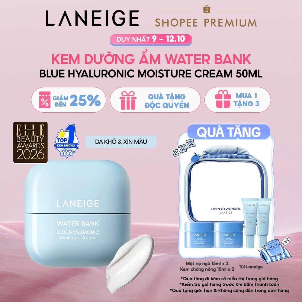 Kem Dưỡng Ẩm Sâu 100H Laneige Water Bank Blue Hyaluronic Moisture Cream 50ml (Da Thường và Da Khô)