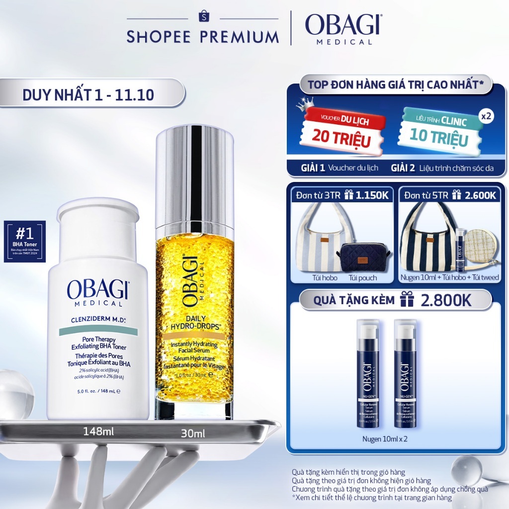 Bộ đôi Toner BHA Obagi Medical Clenziderm M.D 148ml & Serum Vitamin B3 Cấp Nước Dưỡng Ẩm Phục Hồi Da Daily Hydro-Drops