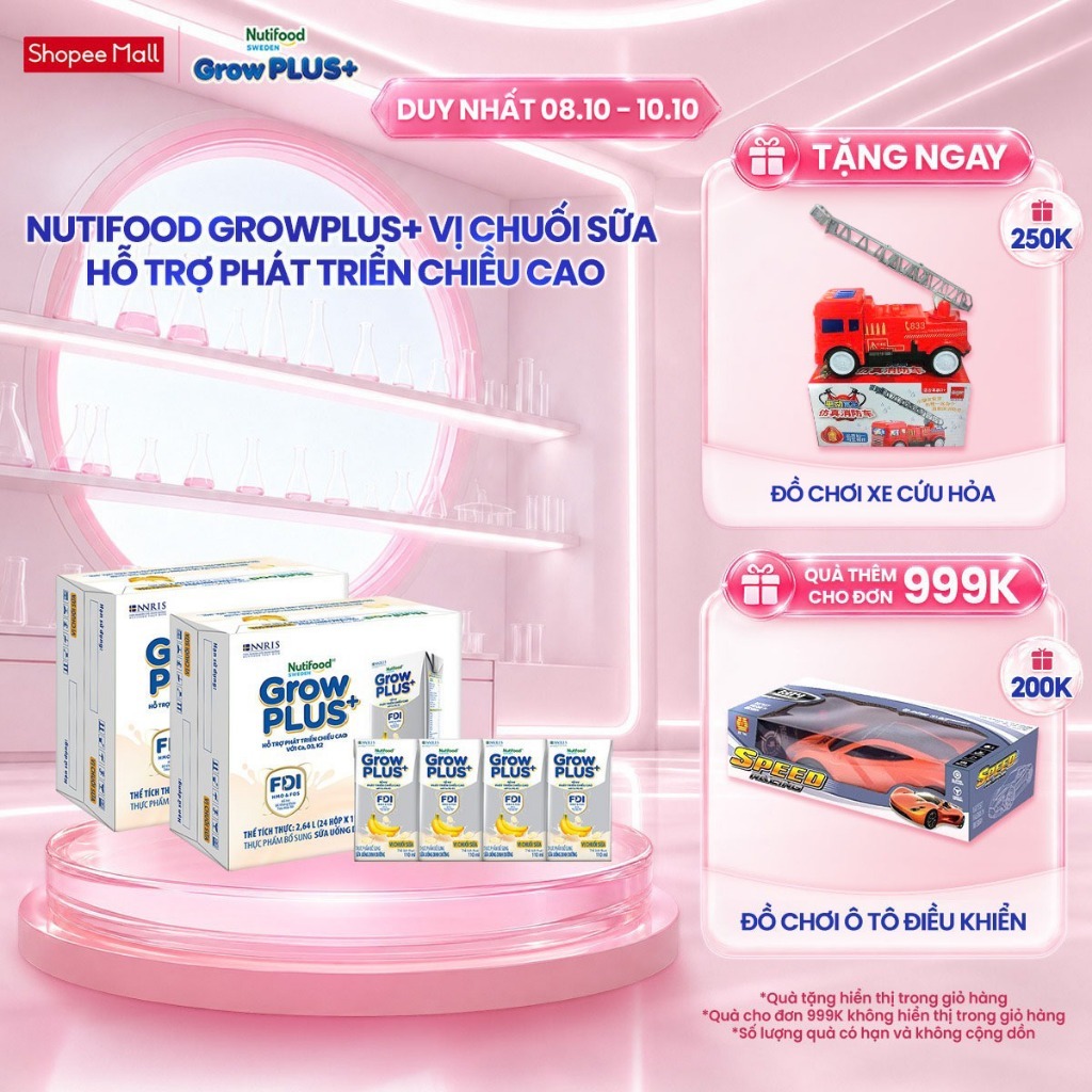 Combo 2 Thùng 24 hộp Sữa bột pha sẵn Nutifood Sweden GrowPLUS+ Vị Chuối Sữa hộp 110ml Trên 1 tuổi