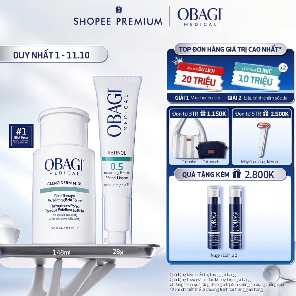 Bộ đôi dưỡng da Dung dịch Obagi Clenziderm M.D BHA Toner 148ml và Kem Dưỡng Đêm Obagi Retinol 0.5 (28g)