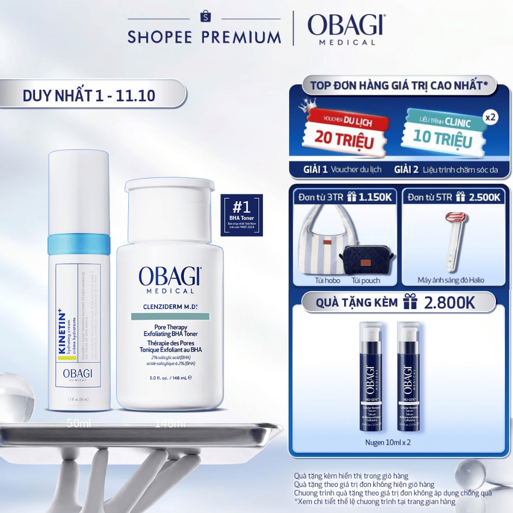 Bộ đôi chăm da Toner BHA Obagi Medical Clenziderm M.D 148ml & Kem Dưỡng Phục Hồi Dịu Da Clinical Kinetin+ Hydrating 50ml