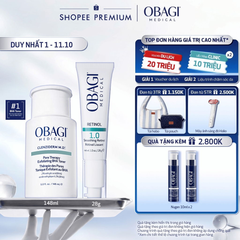 Bộ đôi dưỡng da Toner BHA Giảm Mụn Obagi Clenziderm M.D 148ml và Kem Dưỡng Đêm Obagi Retinol 1.0 (28g)