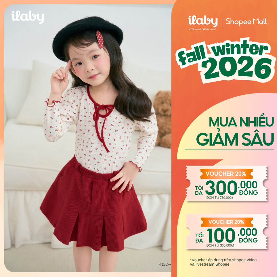 [ILABY 10-40kg] Mix set thu đông bé gái, áo dài tay họa tiết nhỏ màu trắng cổ nơ tay bèo và chân váy xêp ly [4132+4131]