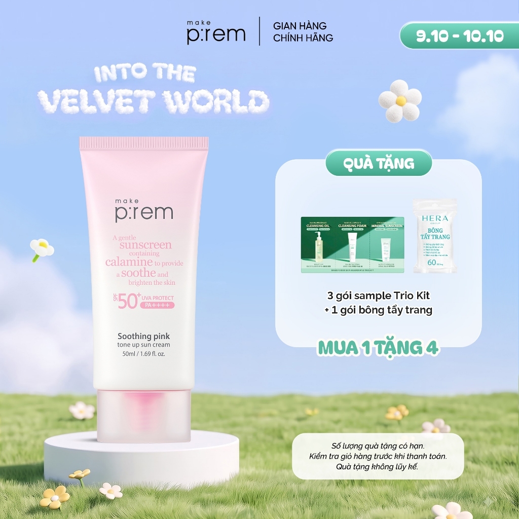 Kem Chống Nắng Vật Lý Cải Tiến Mới Soothing Pink Tone Up Sun Cream Make P:rem Nâng Tone Hồng Rạng Rỡ SPF 50+ PA++++ 50ml