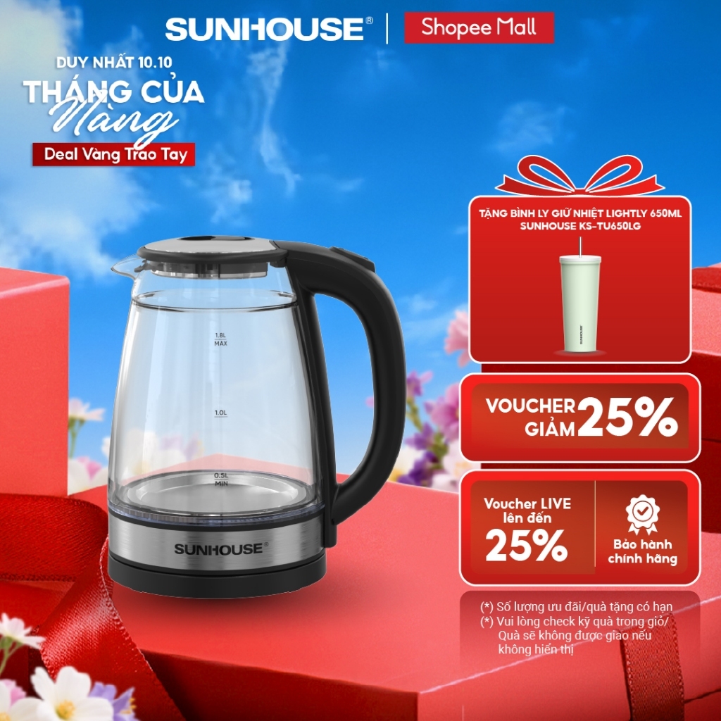 Ấm siêu tốc thủy tinh 1.8L Sunhouse SHD1331 - 2 lớp thủy tinh + nhựa PC chống bỏng - Đun sôi siêu tốc