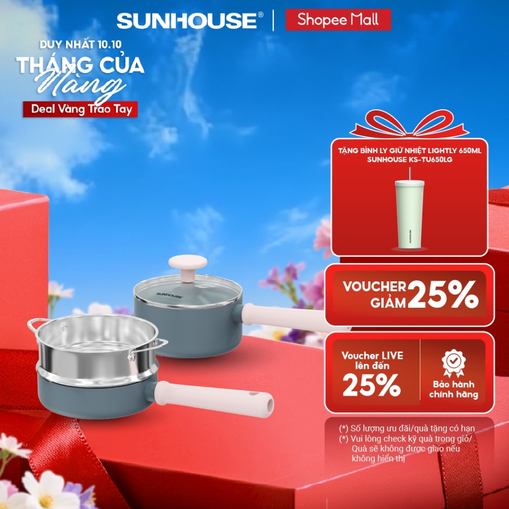 [Kèm xửng] Bộ chảo quánh Ceramic đáy từ Sunhouse Healthy SHG1616 - Truyền nhiệt nhạy - Linh hoạt trên mọi loại bếp