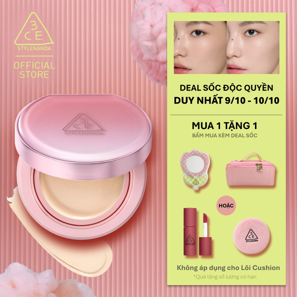 Phấn Nước 3CE Fitting Mesh Cover Cushion Hiệu Ứng Ngọc Trai, Mỏng Nhẹ Tệp Vào Da, Không Xuống Tone