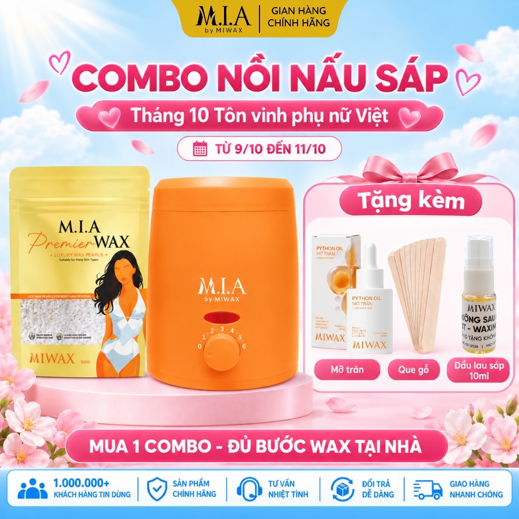 Tặng Mỡ Trăn - Combo Nồi Nấu Sáp Chống Dính Mini Wax Nách, Wax Tay Chân, Wax Râu M.I.A WAXING by MIWAX