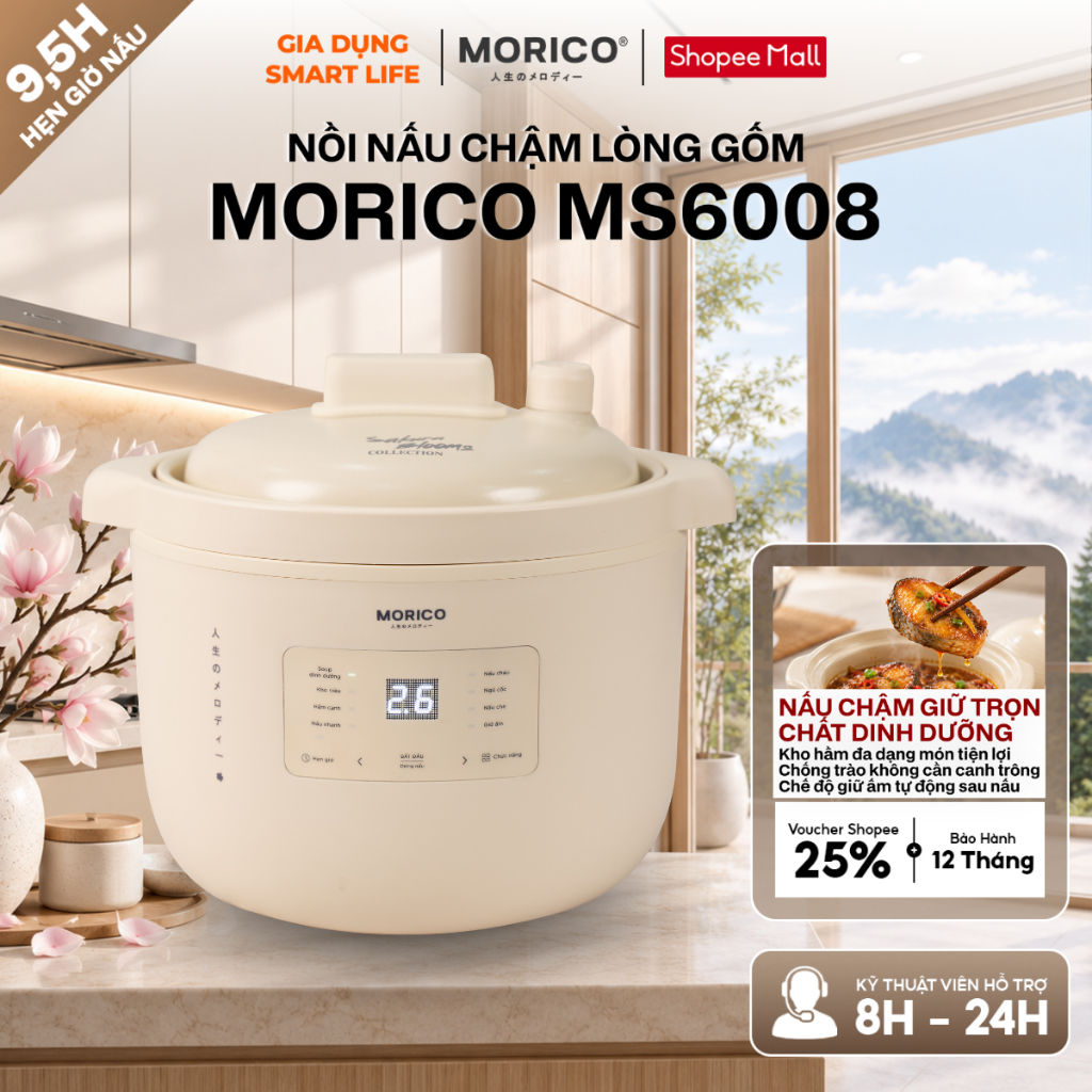 Nồi Nấu Chậm MORICO MS6008 2.5L, Giữ Ấm, Hẹn Giờ 9.5T, 8 Chế Độ, Gốm Ceramic An Toàn Sức Khỏe BH 24T