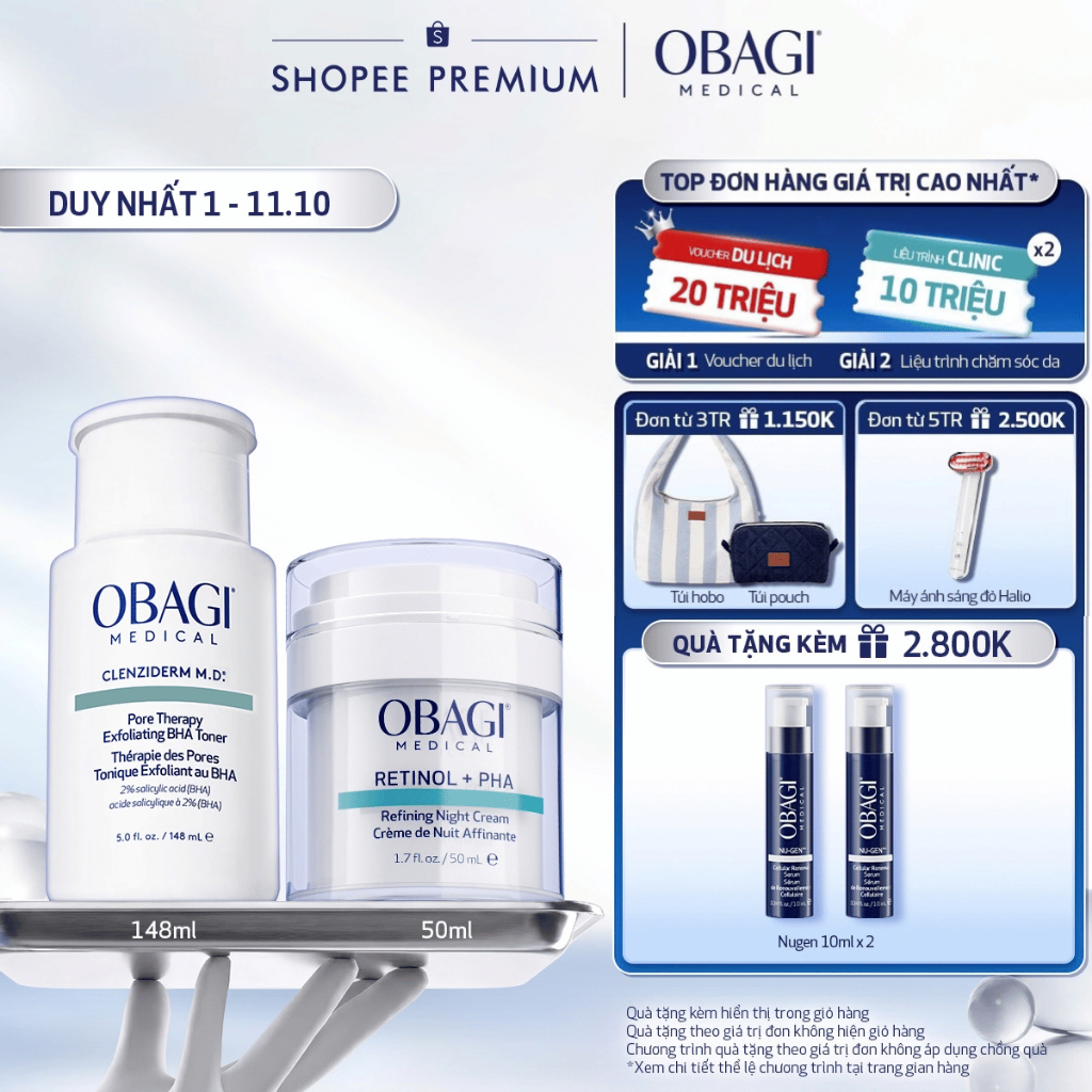 [Voucher SVIP 18%] Bộ đôi Kem Dưỡng Đêm Obagi Retinol + PHA 50ml và Toner Obagi Clenziderm M.D. Exfoliating 2% BHA 148ml