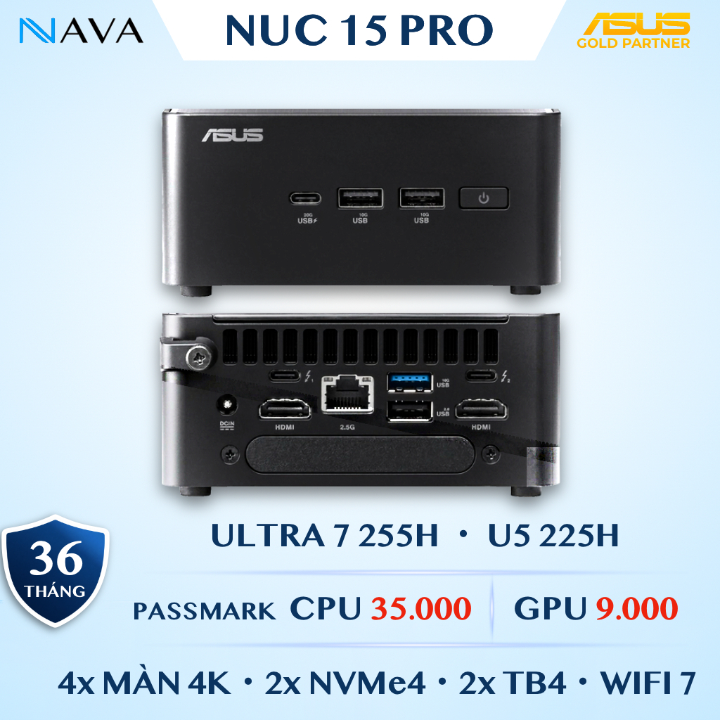 Mini PC ASUS NUC 15 PRO Tall Core Ultra 7 255H U5 225H DDR5 Thunderbolt Máy Tính AI Wi-Fi 7 Chính Hãng Bảo Hành 36 Tháng