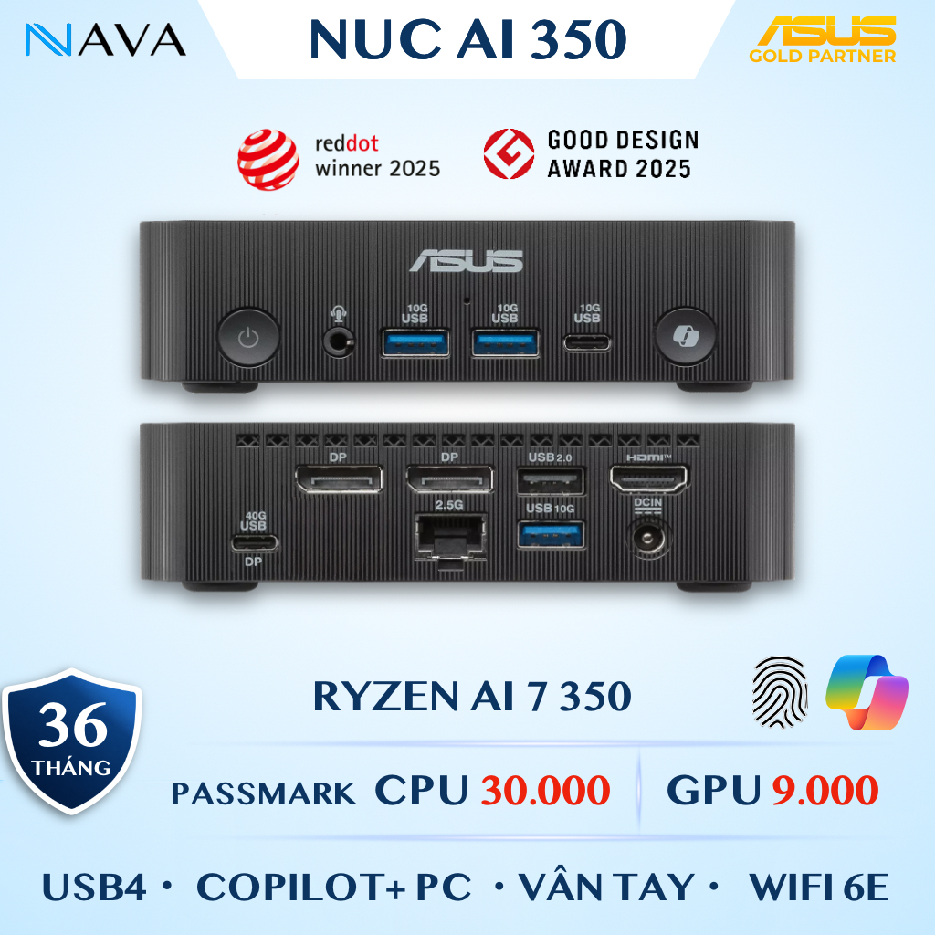 Mini PC ASUS NUC AI 350 DDR5 AMD Ryzen AI 7, Radeon 860M, Copilot+ PC, Khóa Vân Tay, PN54-B-S70032MN - Bảo Hành 36 Tháng