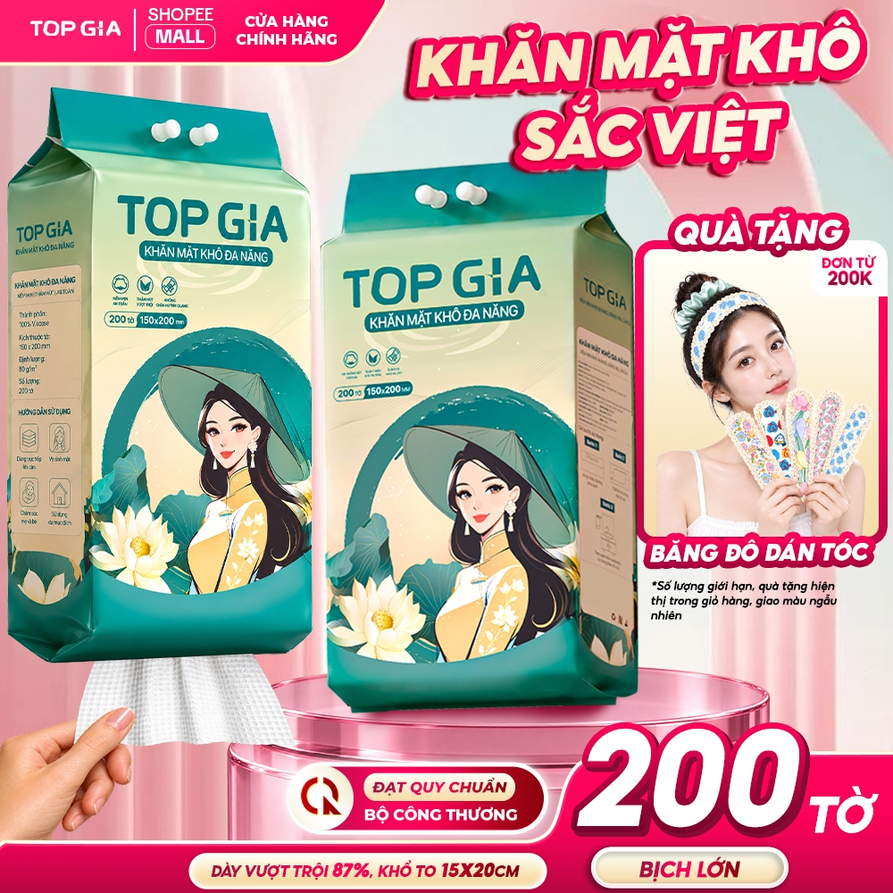 Khăn vải khô đa năng Top Gia, bịch 200 tờ Sắc Việt rút treo tường an toàn cho da tặng móc treo