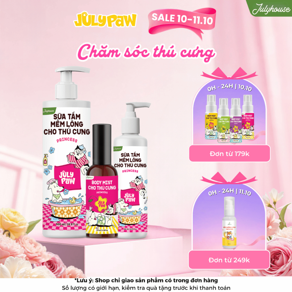 Combo Sữa tắm khử mùi lưu hương chó mèo JulyPaw 150ml/500ml và Xịt thơm dưỡng lông bodymist cho chó mèo 100ml
