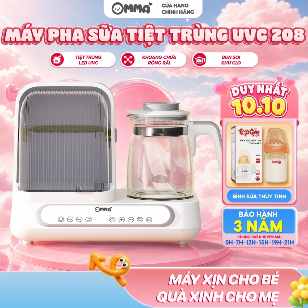 Máy đun hâm pha sữa và sấy khô tiệt trùng UVC OMMA 208 - Đa chức năng - Bảo hành 3 năm