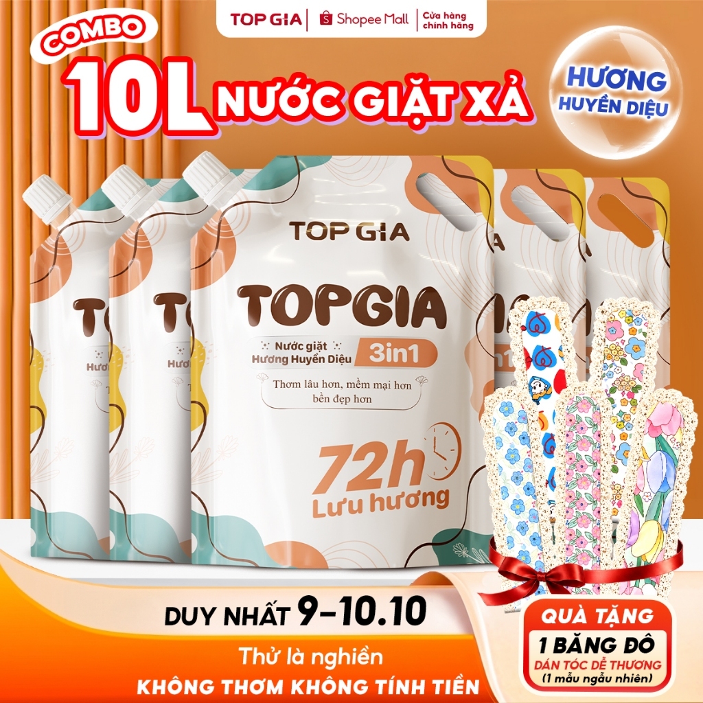 [COMBO 10L] Nước Giặt Xả TopGia 3in1 Hương Huyền Diệu Túi 2L, An Toàn Dịu Nhẹ, Lưu Hương Bền Lâu 72H