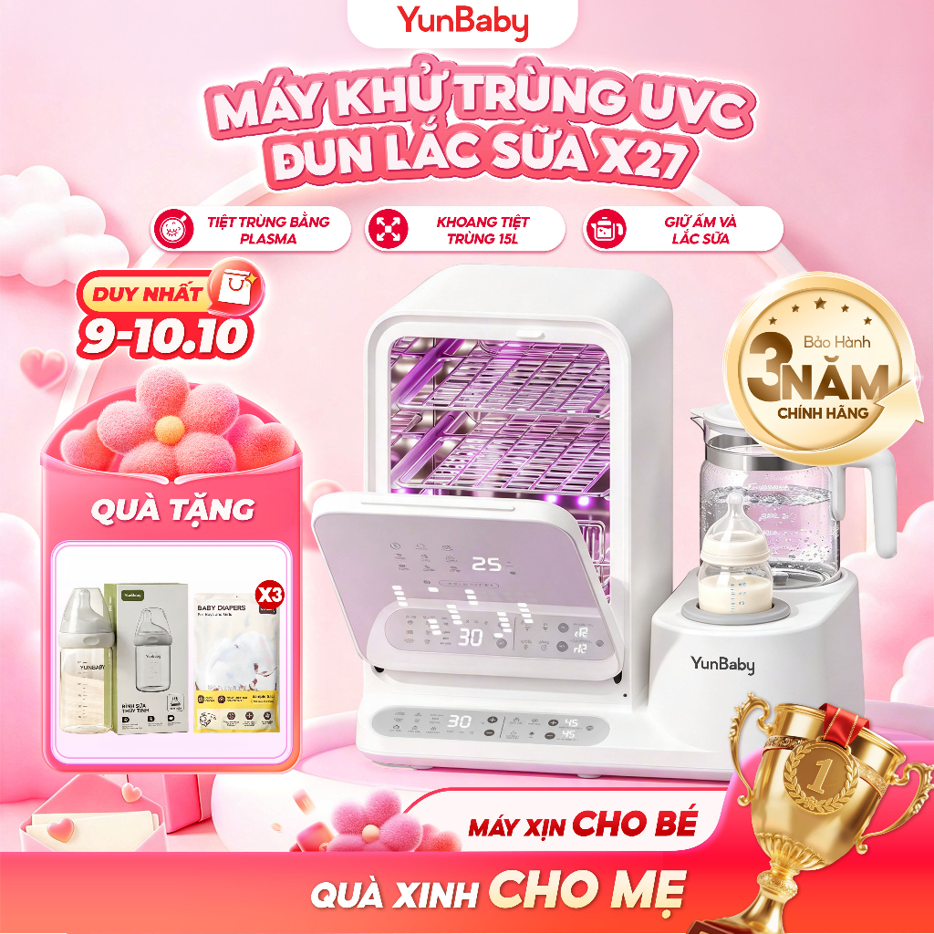 [BẢN TIẾNG VIỆT]  Máy tiệt trùng Yunbaby X27 đun nước Hâm Pha sữa Lắc sữa Tiệt trùng bình sữa Sấy khô Khử clo Plasma UVC