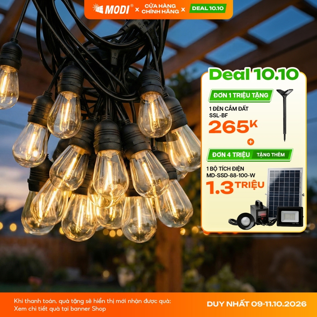 Đèn Dây Trang Trí Ngoài Trời MODI SOLAR, Đèn Led Trang Trí Năng Lượng Mặt Trời Kháng Nước IP65