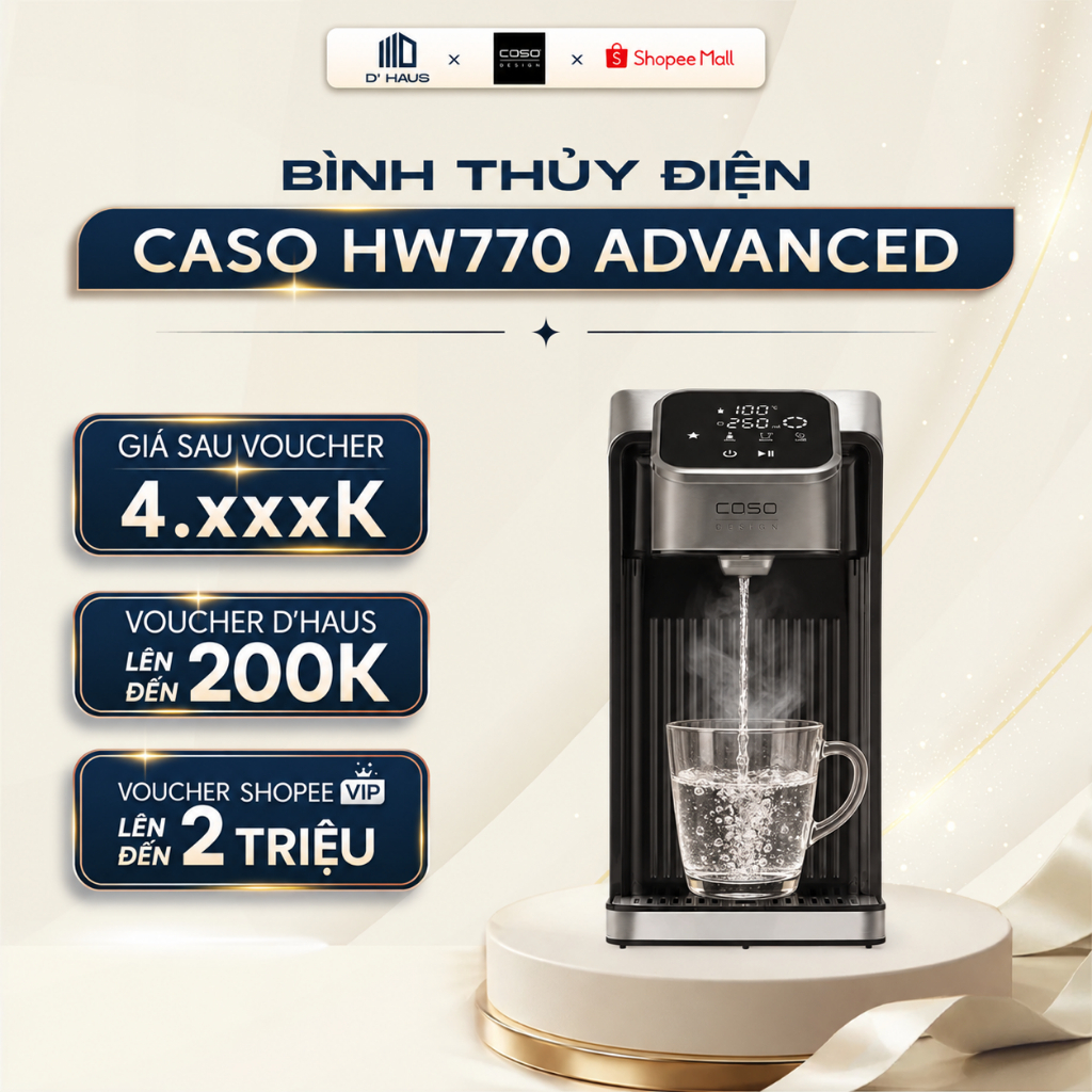 Bình thủy điện CASO HW770 2.7L 2700W, 13 mức nhiệt 40-100°C, nước nóng 7 giây, định lượng 7 mức