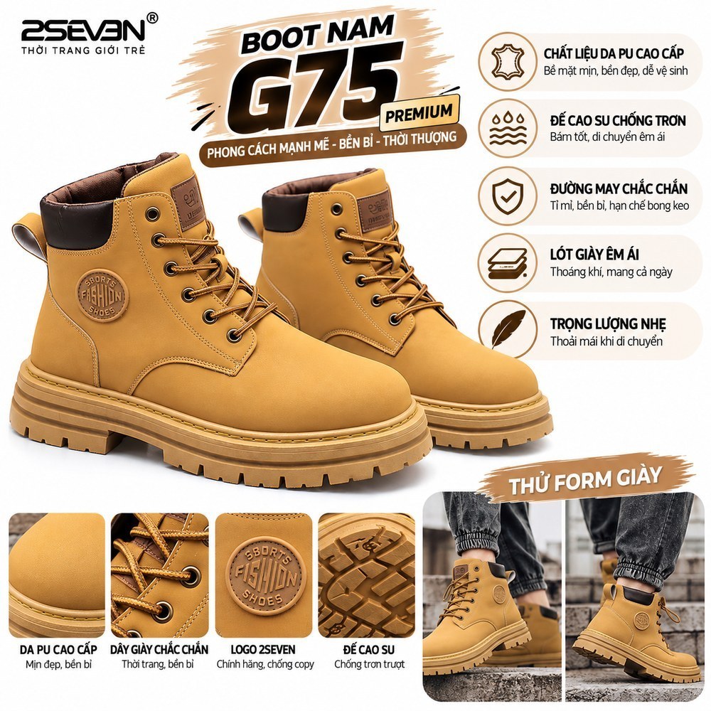Boots Nam Martin Cao Bồi cổ cao da nhám chống nước mẫu mới - Giày cao cổ độn đế G75- 2SEVEN