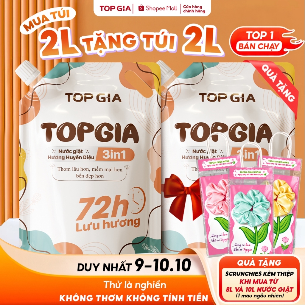 Nước Giặt TopGia 3in1 Hương Huyền Diệu Dịu Nhẹ Làm Sạch Vết Bẩn, Lưu Hương 72h, Túi 2L