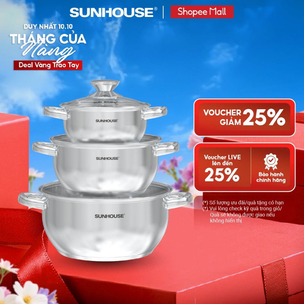 Bộ nồi inox 3 đáy Sunhouse Eco SHG334E - Gồm 3 nồi 16-20-24cm - Inox an toàn, chất lượng - Dùng cho mọi loại bếp