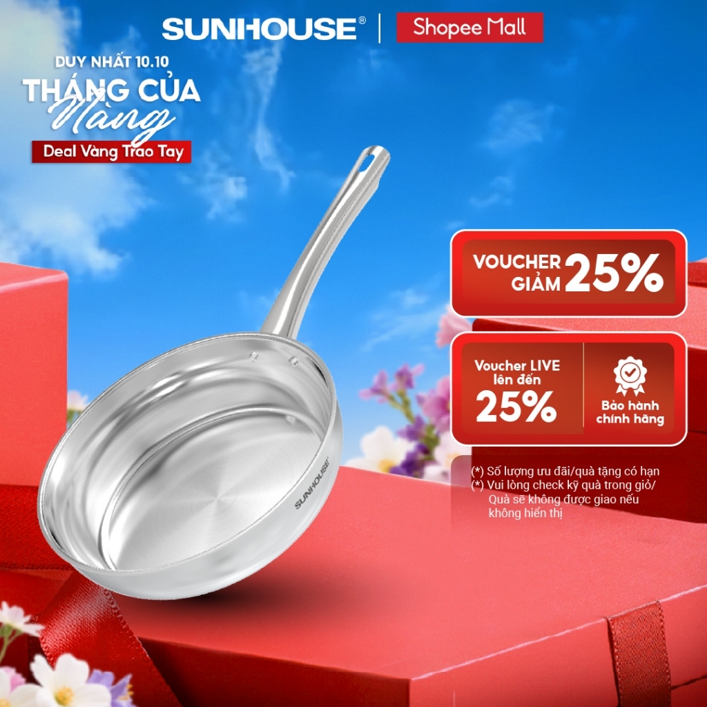 [Mã độc quyền online] Chảo inox 304 đa lớp Sunhouse IN20-24-26M7E - 3 lớp inox liền khối - Dùng mọi loại bếp