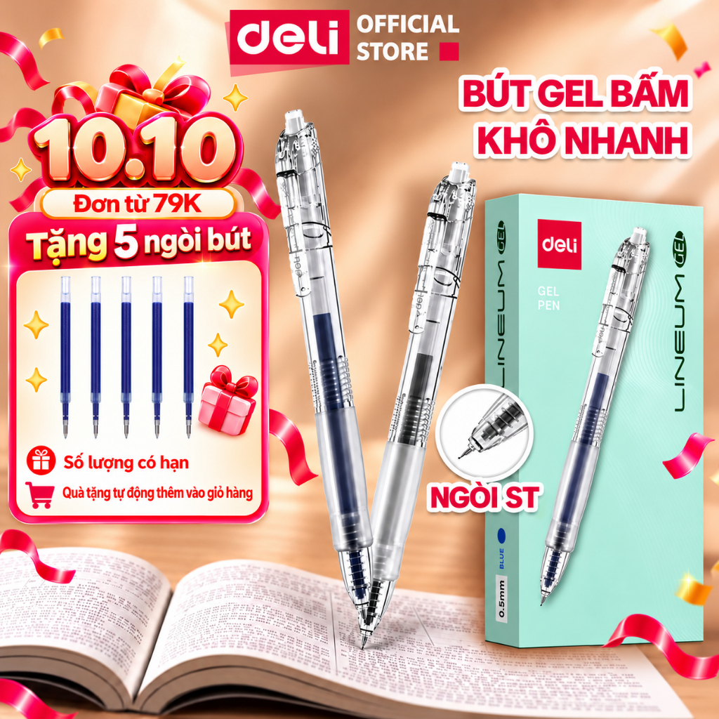 [SVIP] Combo 5/10/20 Bút Gel Bấm Deli EG08S 0.5mm - Bút Bi Nước Nhanh Khô Mực Êm Trơn Ngòi 2 Màu Mực Xanh Đen