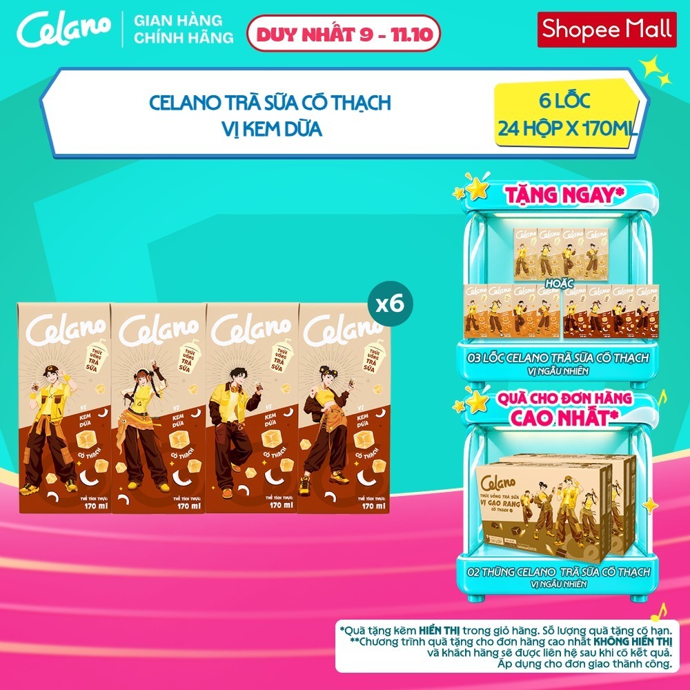 [KOL] [VỊ TỰ CHỌN] Combo 6 lốc Trà Sữa CELANO Vị Caramel Muối/Kem Dừa/Gạo Rang  (6 lốc x 4 hộp x 170ml)