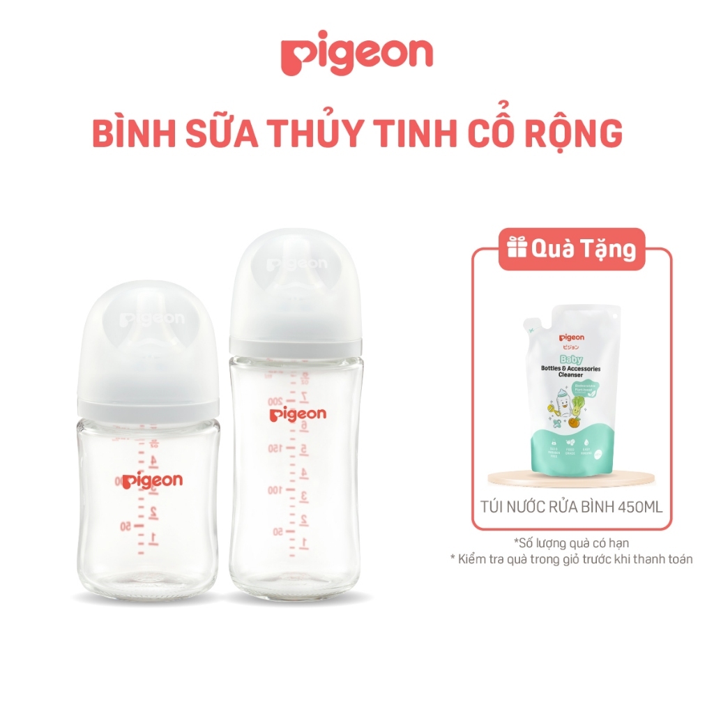 Bình sữa Thủy Tinh Pigeon cổ rộng chống đầy hơi cho bé sơ sinh núm ti siêu mềm chống sặc chính hãng