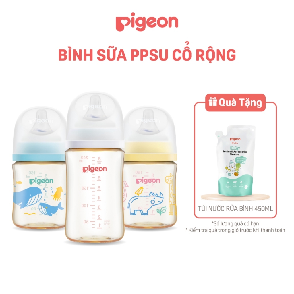 [PPSU] Bình sữa chống đầy hơi Pigeon cho bé sơ sinh núm ti cổ rộng siêu mềm chống sặc chính hãng