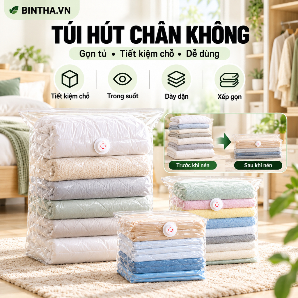 Túi Hút Chân Không Dạng Đứng Dày Dặn Trong Suốt Chống Bụi Dễ Ép Đựng Chăn Mền Quần Áo
