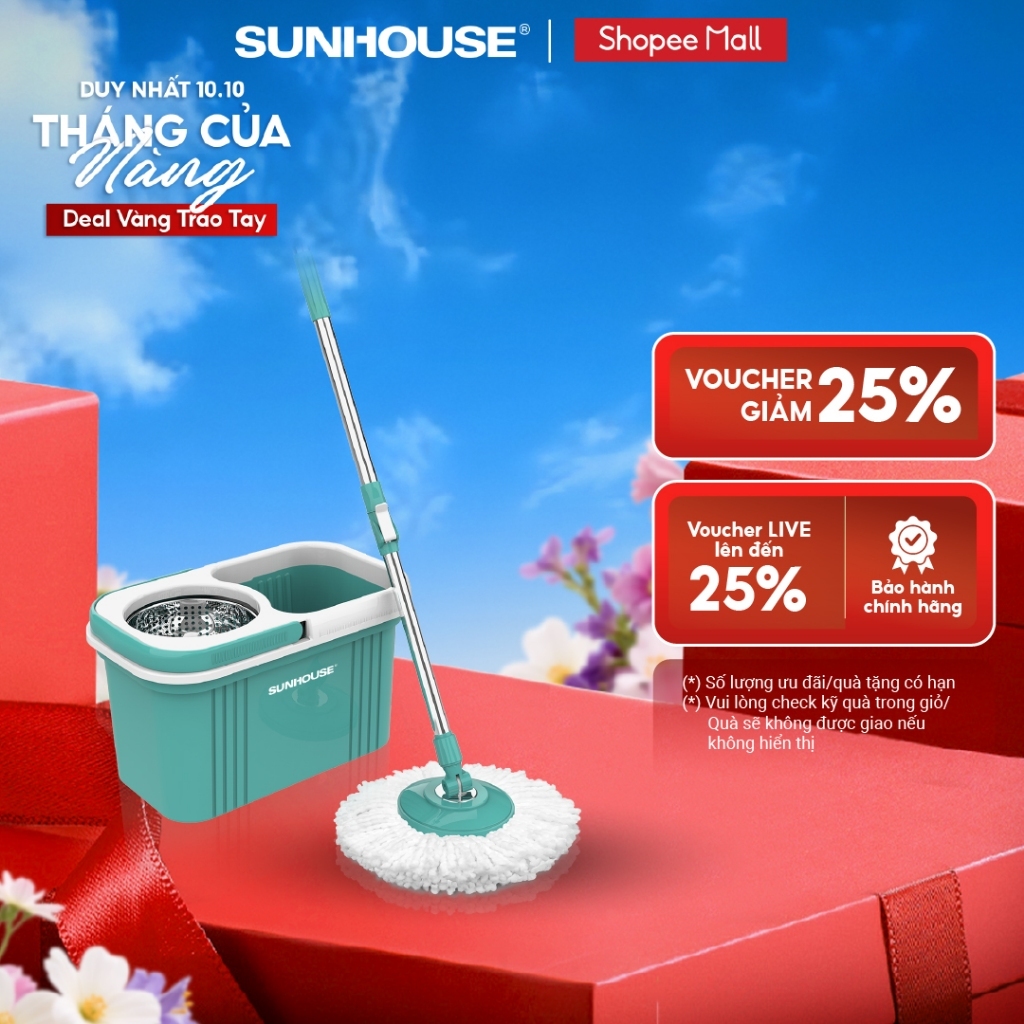 Bộ lau nhà xoay 360 độ Sunhouse KS-CL330S - Kèm thùng tự vắt có lồng inox chống gỉ, dễ làm sạch - Hàng chính hãng