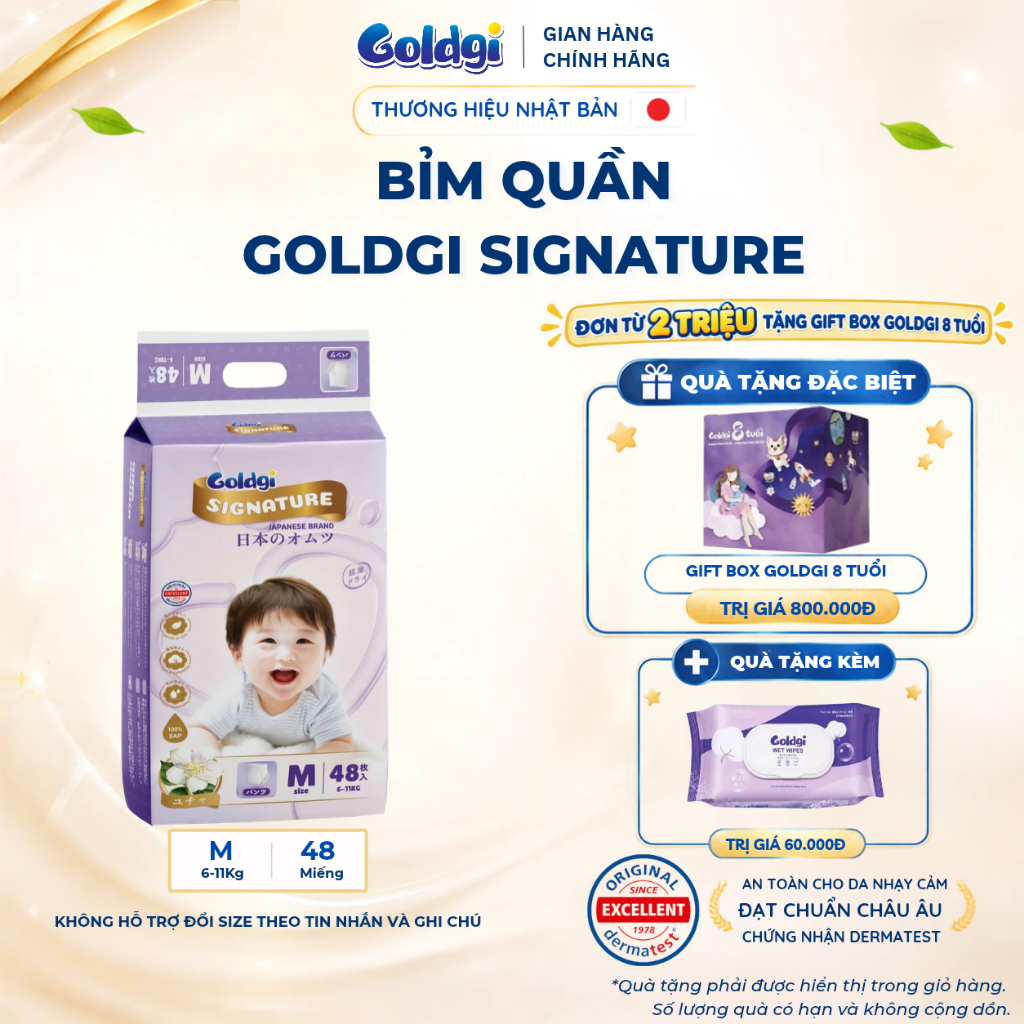 Bỉm quần Goldgi Signature cao cấp hỗ trợ ngừa hăm, dịu nhẹ, an toàn với da bé đủ size chính hãng