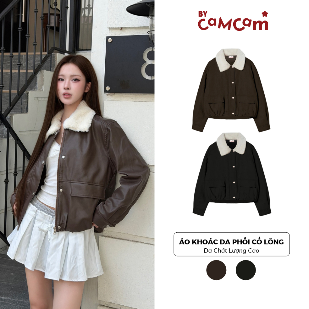 Áo Khoác Da Phối Cổ Lông 𝑩𝒚𝒄𝒂𝒎𝒄𝒂𝒎 Phong Cách Hàn Quốc Tối Giản Nữ Tính Mùa Đông AKHD384