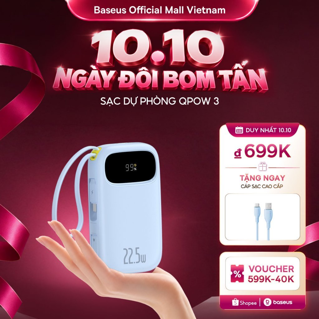 [NEW-CHUẨN CHỨNG NHẬN CCC] Sạc Dự Phòng Baseus EnerFill FC31 Qpow3 10000mAh/20000mAh 22.5W – Sạc Nhanh 4 Cổng Kèm 2 Cáp