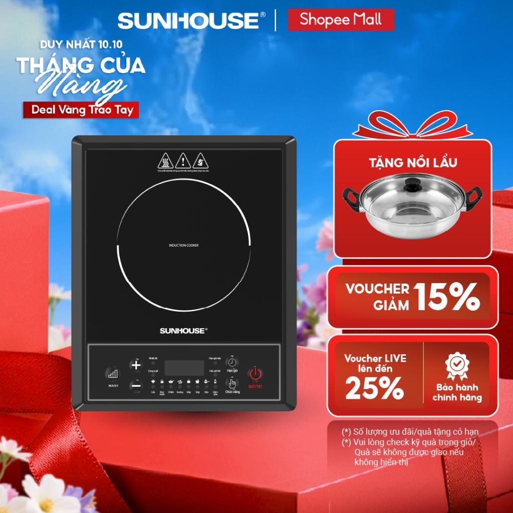 Bếp từ đơn Sunhouse SHD6154 - Công suất 2000W - 8 chế độ nấu - 10 mức nhiệt - Chế độ hẹn giờ - Bảo hành 12 tháng