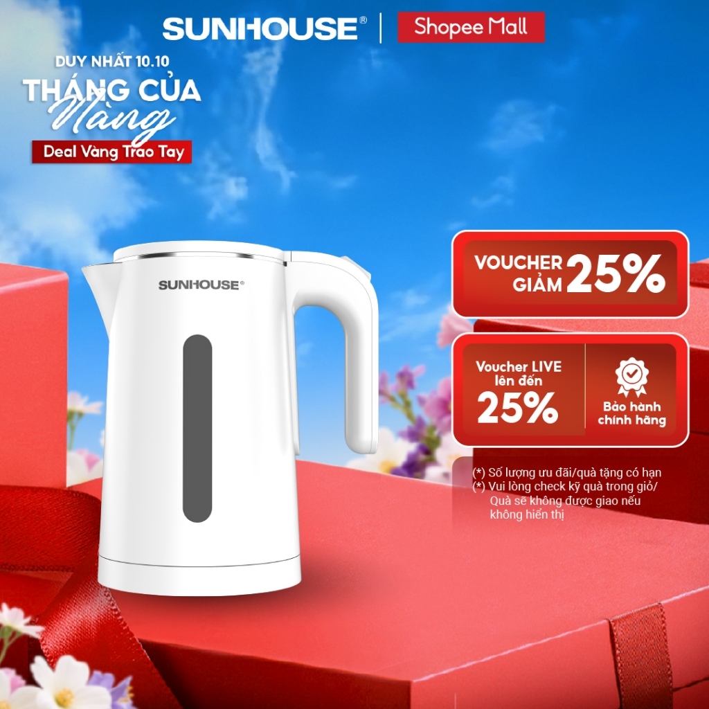 Ấm siêu tốc Inox 304 1.8L SUNHOUSE SHD1351/ SHD1351W - Thân ấm 2 lớp - Vỏ nhựa PP chống bỏng - Tự động tắt khi nước sôi