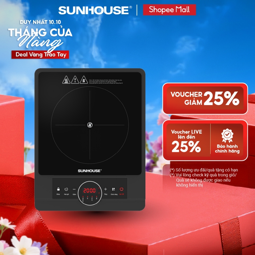 Bếp hồng ngoại Sunhouse SHD6012A - Công suất 2000W - Mặt kính pha lê - Chế độ hẹn giờ - Khóa trẻ em - Đa chức năng