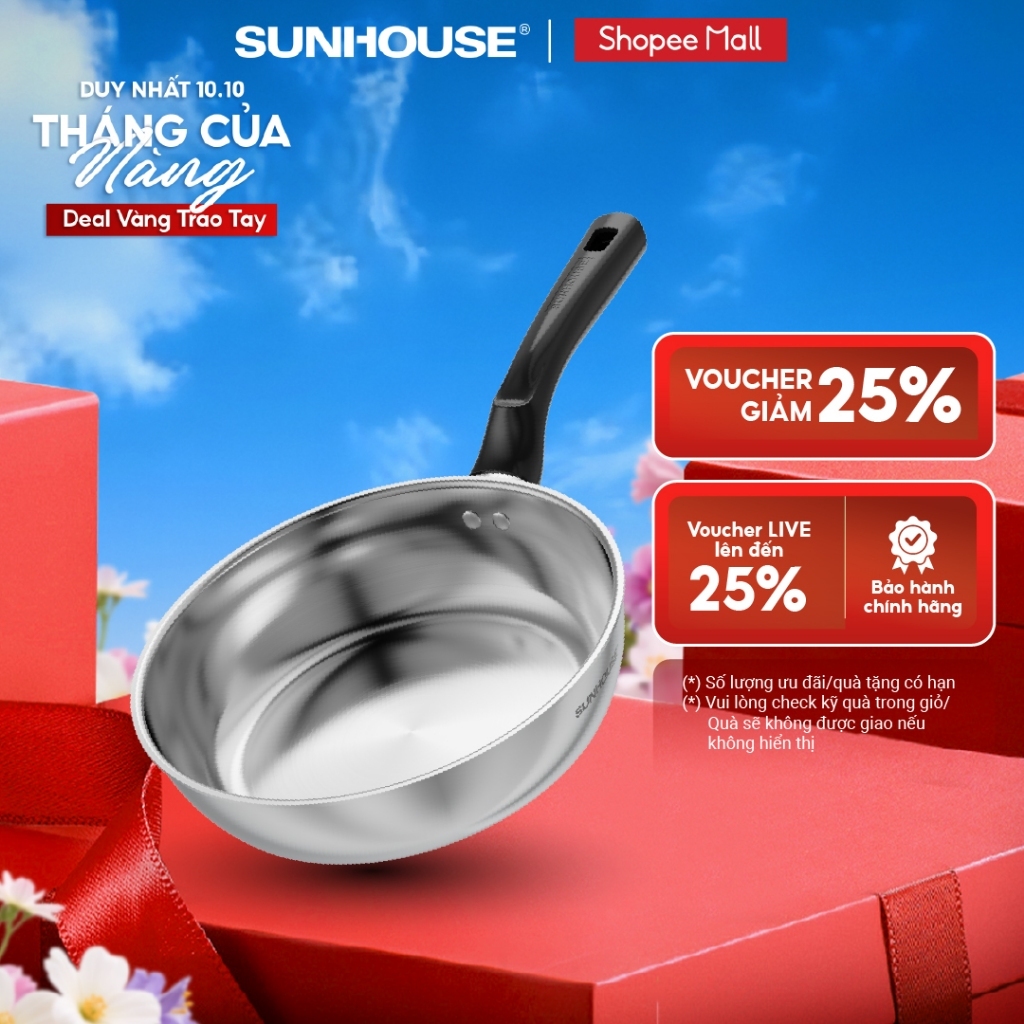 Chảo inox 304 đa lớp cao cấp SUNHOUSE INxxM19 - 3 lớp liền khối - Cán nhựa Bakelite cách nhiệt hiệu quả