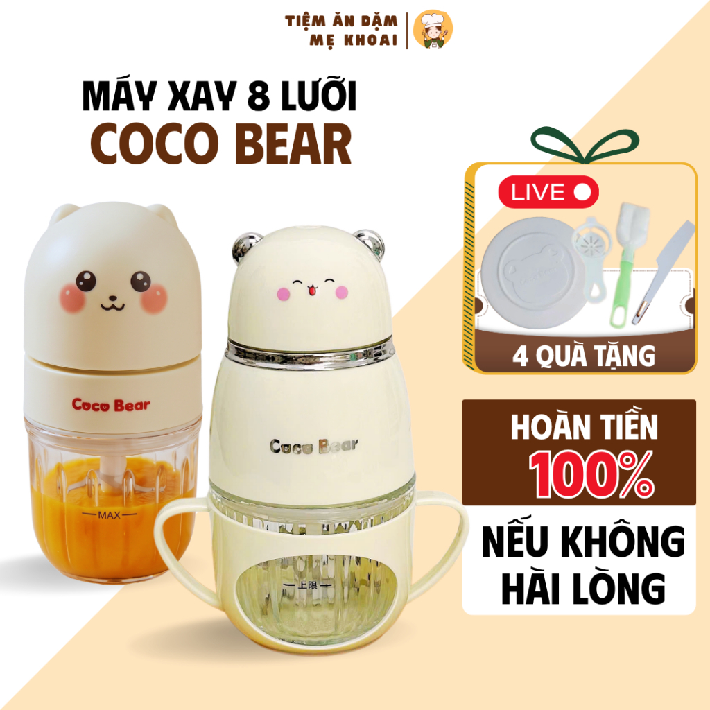 Máy Xay Coco Bear 8 Lưỡi Inox 316, Cối Thủy Tinh 300ml, 200W, Xay Thịt Cá Cháo Rau Củ Đa Năng Mini
