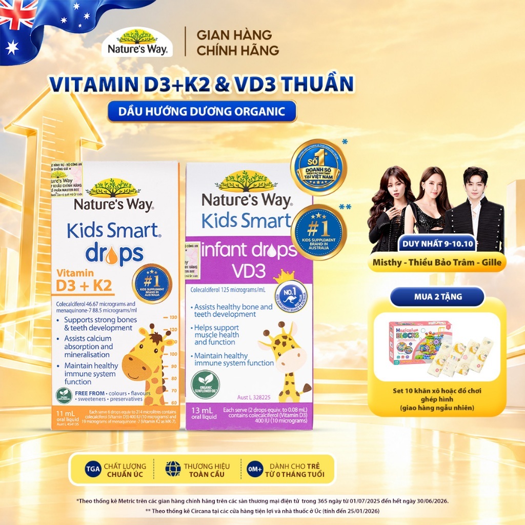 Vitamin D3, D3K2 Nature’s Way Kids Smart Drops Với Dầu Hoa Hướng Dương Organic Cho Trẻ Sơ Sinh