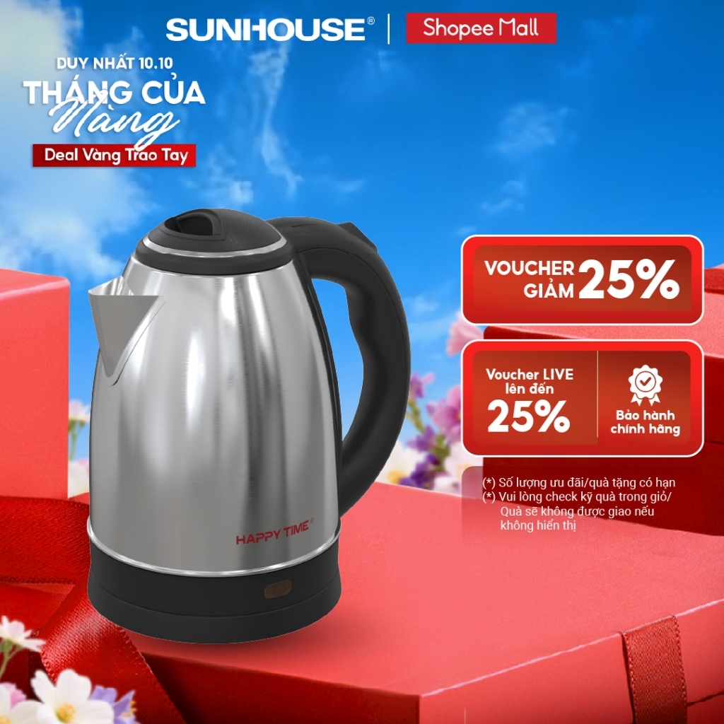 Ấm siêu tốc Inox 1.8L SUNHOUSE Happy Time HTD1021 - Hàng chính hãng - Bảo hành 12 tháng