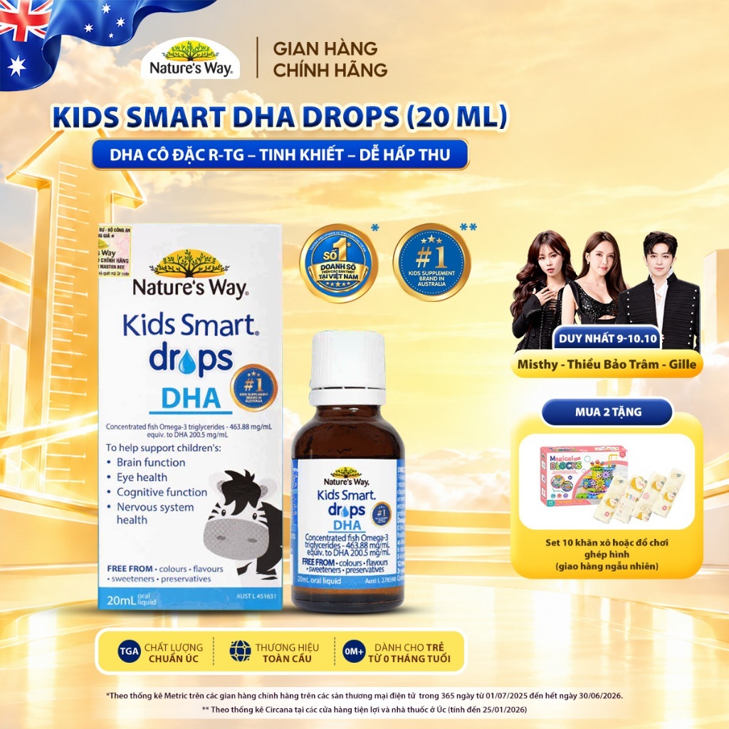DHA Drops Nature's Way Kids Smart Bổ Sung DHA, EPA, Omega 3 RTG Cô Đặc, Hỗ Trợ Tốt Cho Não Và Mắt Cho Bé 20ml