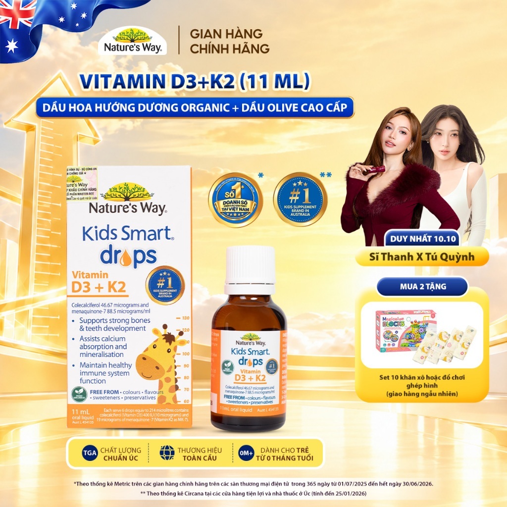 Vitamin D3K2 Nature's Way, Với Dầu Hoa Hướng Dương Organic, Giúp Bổ sung Vitamin D3, K2-MK7 Cho Trẻ Sơ Sinh Hộp 11ml