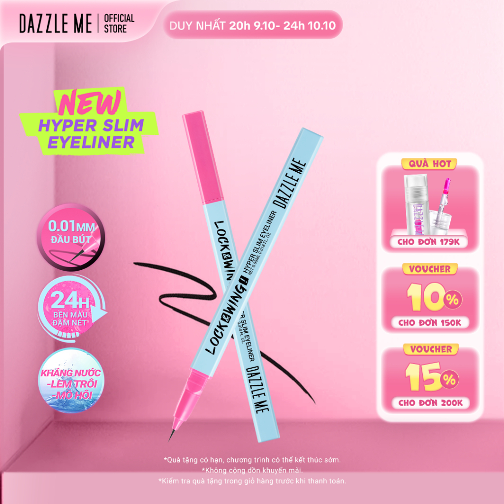 Bút kẻ mắt siêu mảnh DAZZLE ME Lock & Wing! Hyper Slim Eyeliner đầu cọ mềm chống nước 0.55ml