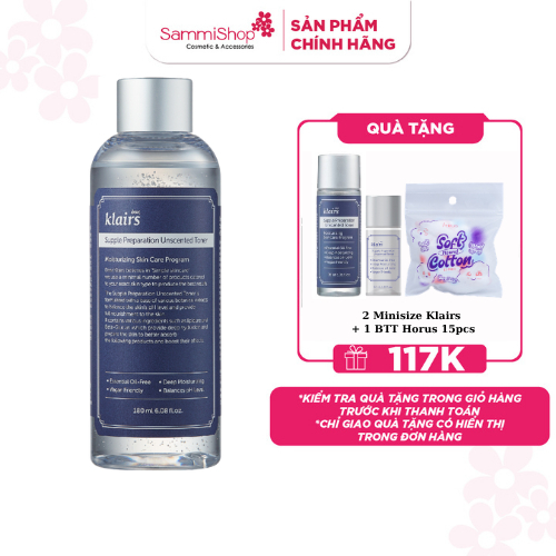 Nước hoa hồng Dear, Klairs Supple Preparation Unscented Toner 180ml (KHÔNG MÙI)
