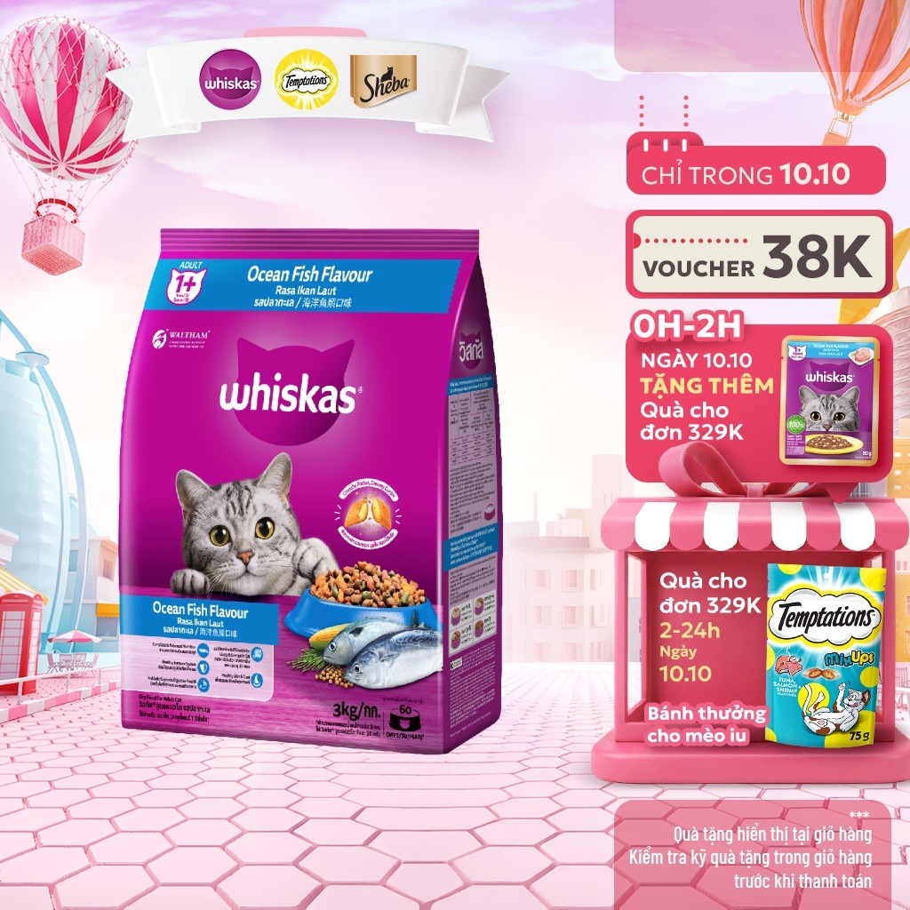 WHISKAS Thức Ăn Cho Mèo Trưởng Thành Dạng Hạt vị Cá Biển - 3kg