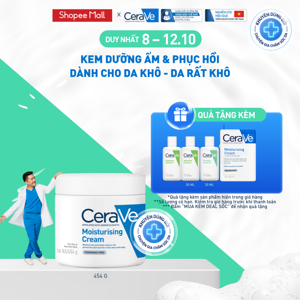 Kem dưỡng ẩm phục hồi sâu và ẩm mịn suốt 48H dành cho da khô, duy trì hàng rào bảo vệ da CERAVE MOISTURISING CREAM 454G